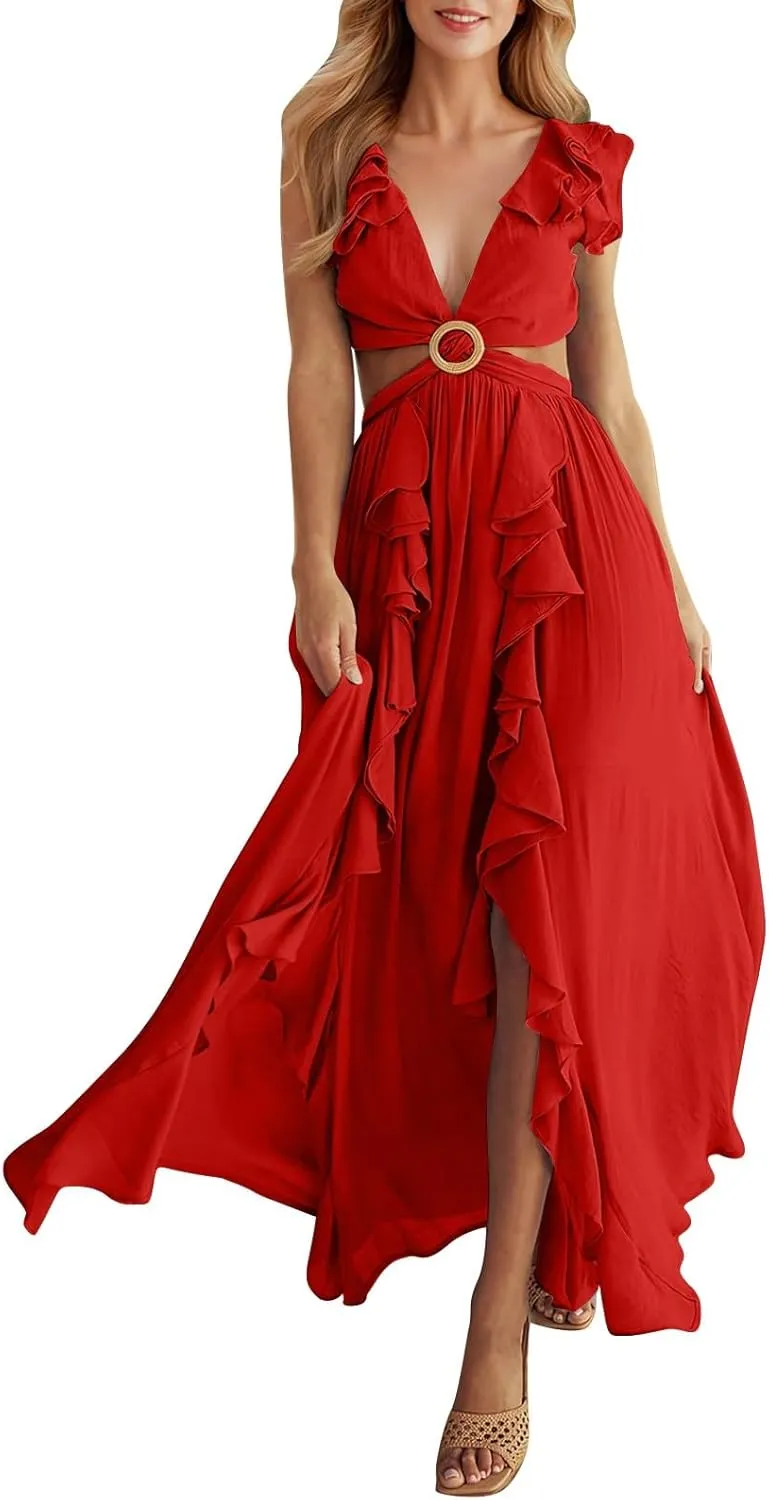 Women's Ruffle Tiered Midi Dress V Neck Short Sleeve Summer Sundress Comfy Smocked Swing Casual Cocktail Party Dress