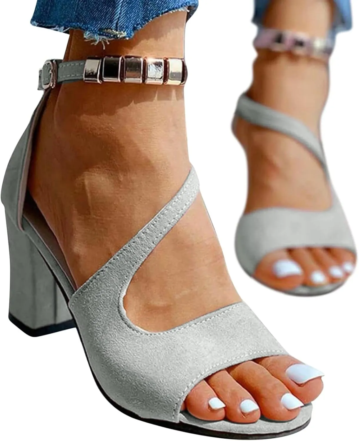 Womens Sandalsopen Toe Dressy Block Heel Sandals Fashion Ankle Strappy Heels Dress Wedding Bridal Shoes