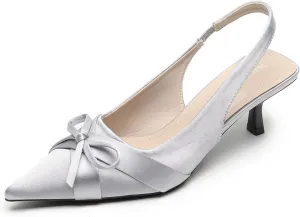 Women’s Satin Bow Slingback Kitten Ballerina Heels Pumps Closed Pointed Toe Slip on Office Work Low Heel Dress Shoes for Women