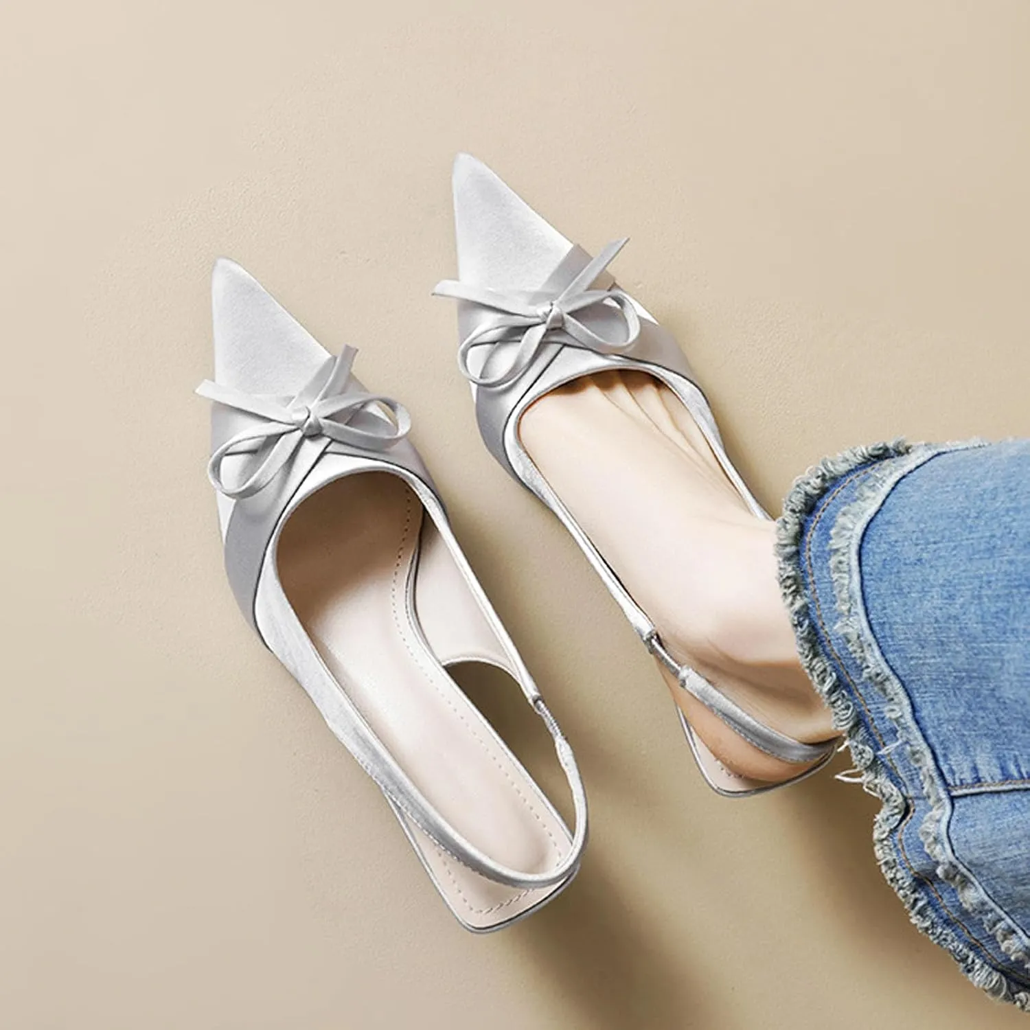Women’s Satin Bow Slingback Kitten Ballerina Heels Pumps Closed Pointed Toe Slip on Office Work Low Heel Dress Shoes for Women