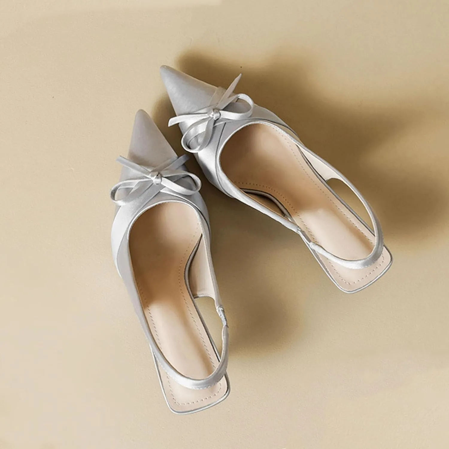 Women’s Satin Bow Slingback Kitten Ballerina Heels Pumps Closed Pointed Toe Slip on Office Work Low Heel Dress Shoes for Women
