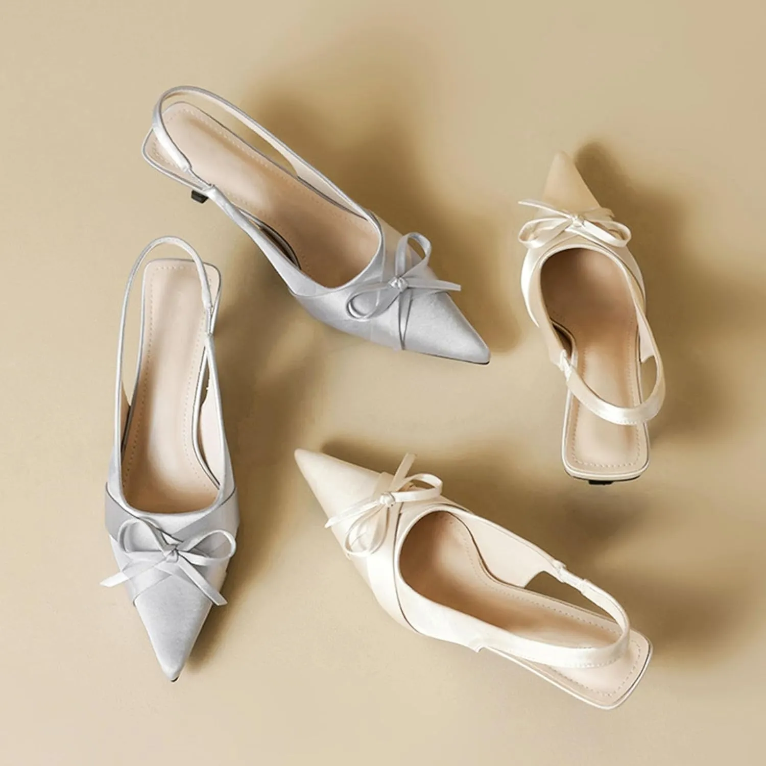 Women’s Satin Bow Slingback Kitten Ballerina Heels Pumps Closed Pointed Toe Slip on Office Work Low Heel Dress Shoes for Women