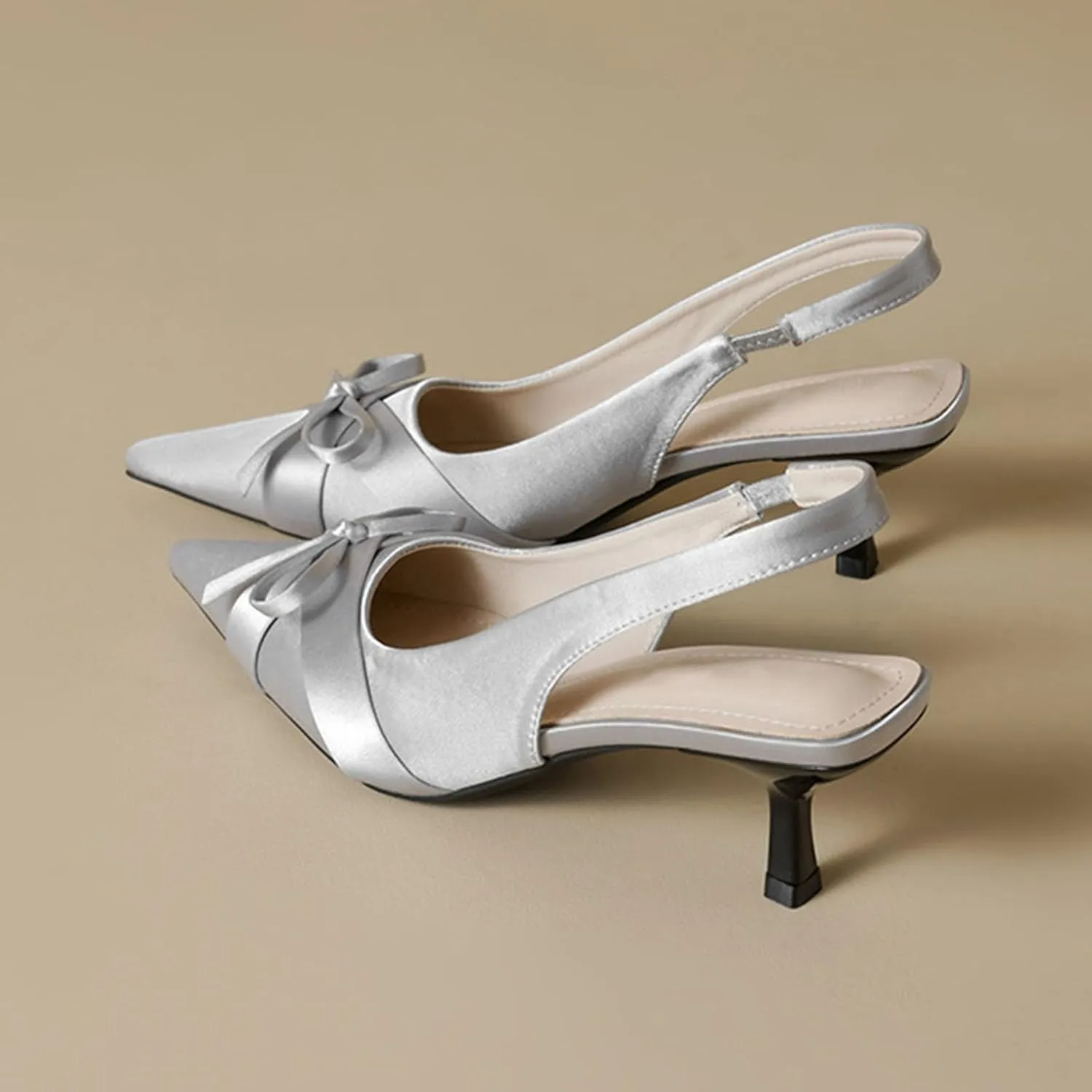 Women’s Satin Bow Slingback Kitten Ballerina Heels Pumps Closed Pointed Toe Slip on Office Work Low Heel Dress Shoes for Women