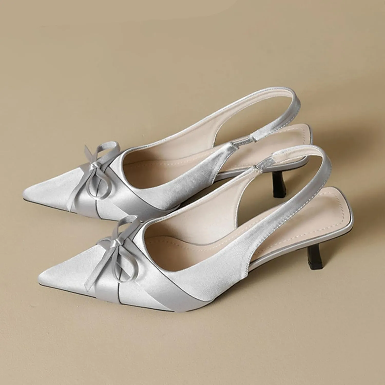 Women’s Satin Bow Slingback Kitten Ballerina Heels Pumps Closed Pointed Toe Slip on Office Work Low Heel Dress Shoes for Women