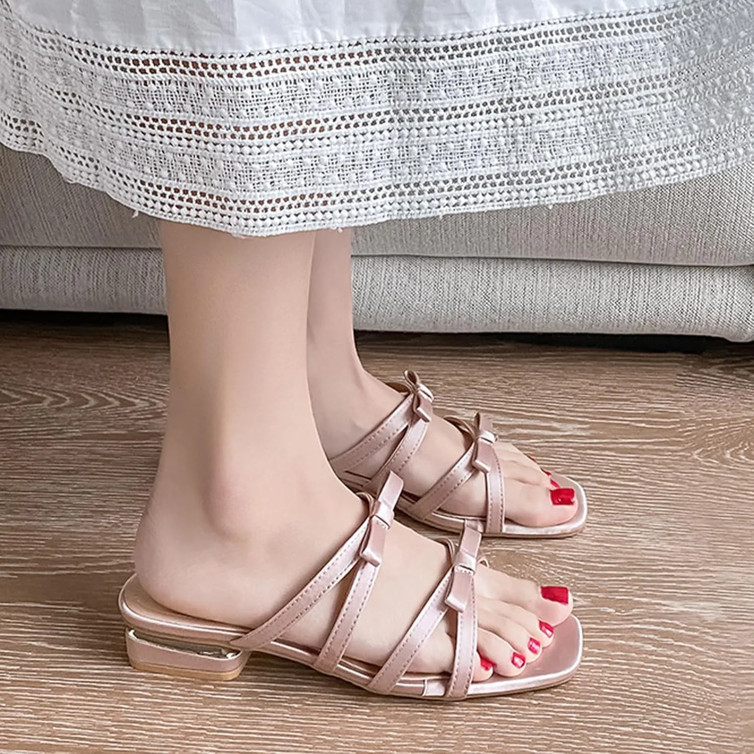 Womens Satin Strappy Bow Chunky Heel Sandals Fashion Square Open Toe Slip on Low Block Heel Casual Slides Sandals Daily Non-Slip Walking Beach Slides