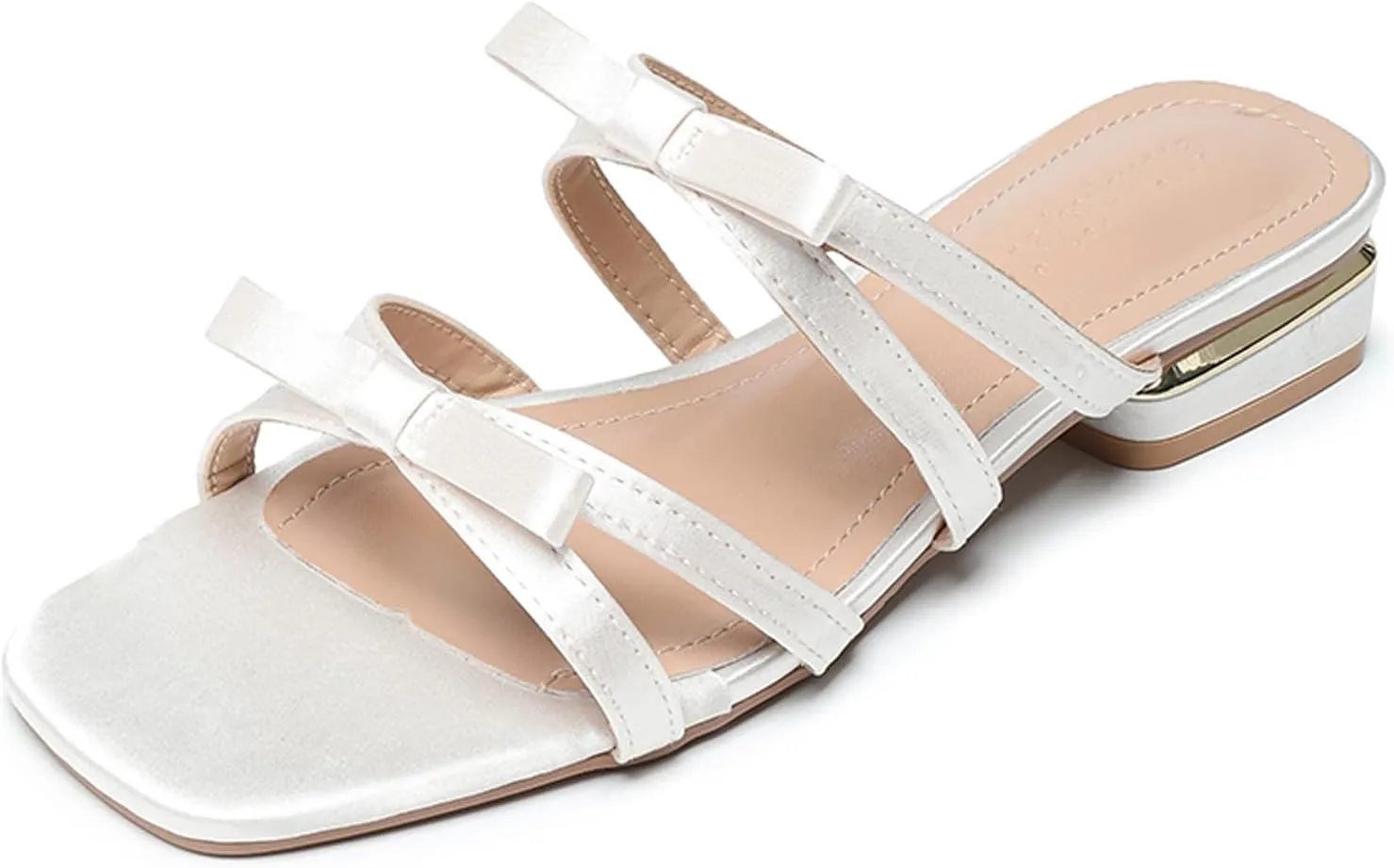 Womens Satin Strappy Bow Chunky Heel Sandals Fashion Square Open Toe Slip on Low Block Heel Casual Slides Sandals Daily Non-Slip Walking Beach Slides