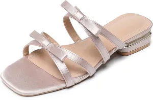 Womens Satin Strappy Bow Chunky Heel Sandals Fashion Square Open Toe Slip on Low Block Heel Casual Slides Sandals Daily Non-Slip Walking Beach Slides
