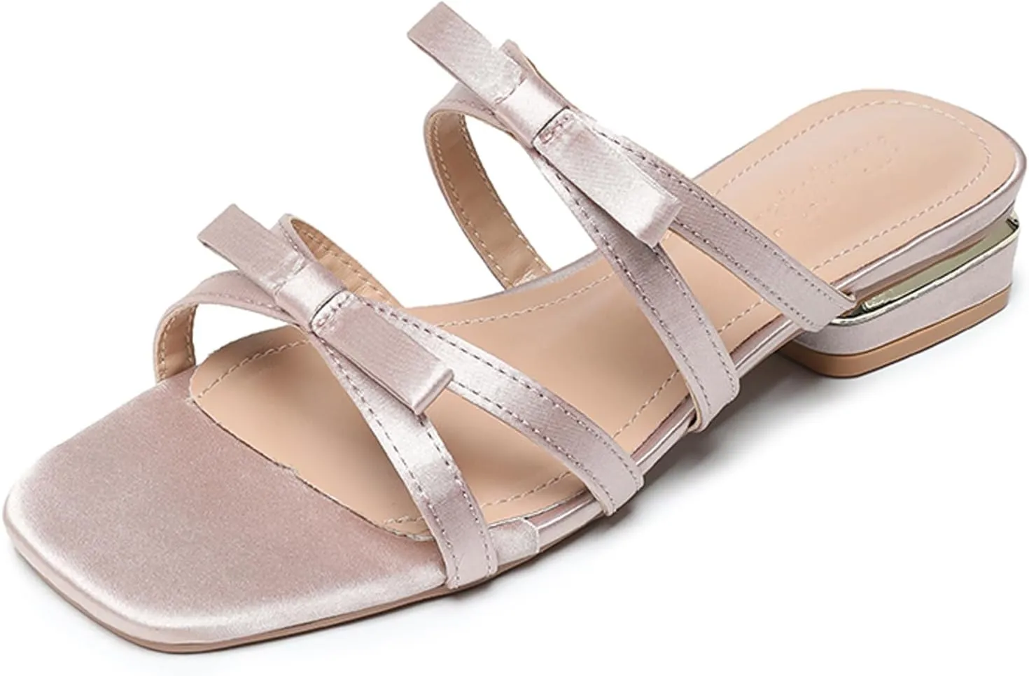 Womens Satin Strappy Bow Chunky Heel Sandals Fashion Square Open Toe Slip on Low Block Heel Casual Slides Sandals Daily Non-Slip Walking Beach Slides