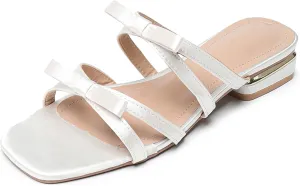 Womens Satin Strappy Bow Chunky Heel Sandals Fashion Square Open Toe Slip on Low Block Heel Casual Slides Sandals Daily Non-Slip Walking Beach Slides