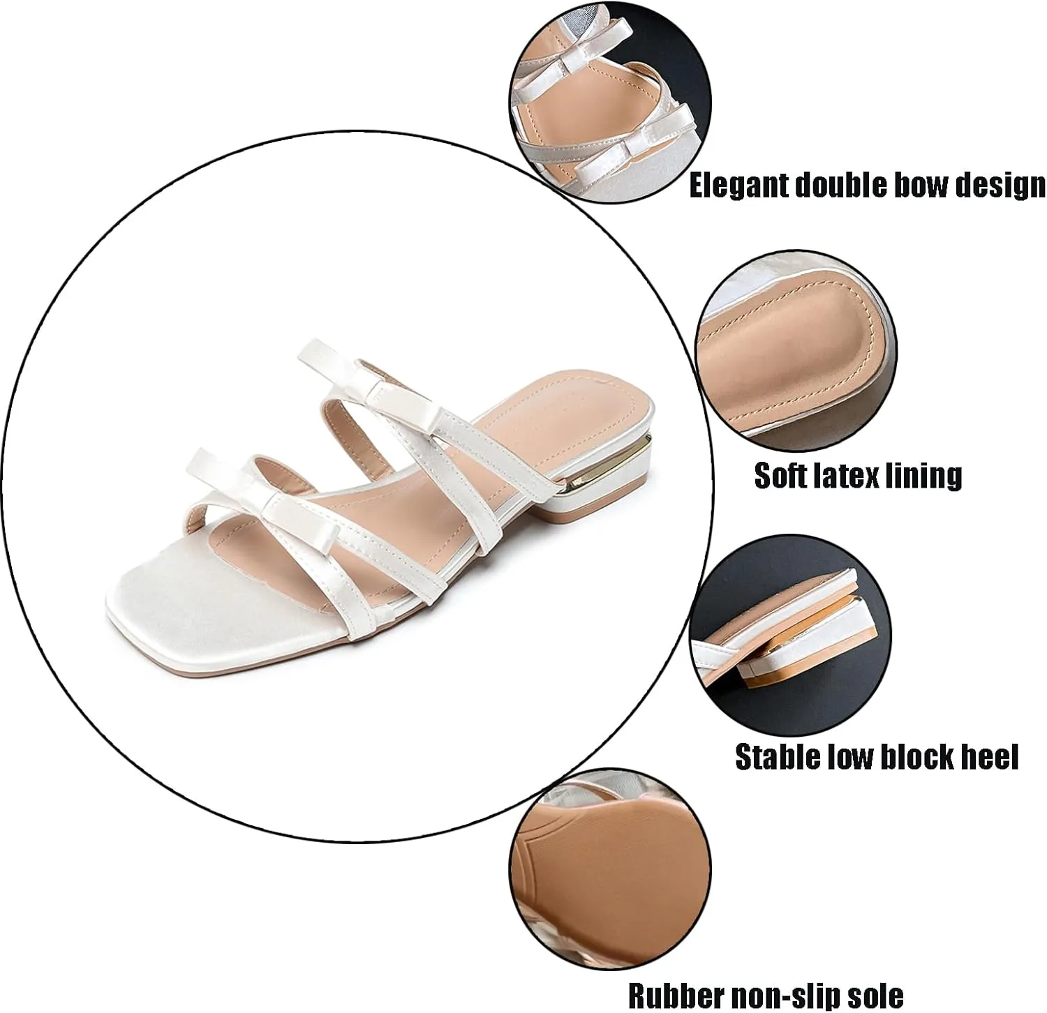 Womens Satin Strappy Bow Chunky Heel Sandals Fashion Square Open Toe Slip on Low Block Heel Casual Slides Sandals Daily Non-Slip Walking Beach Slides