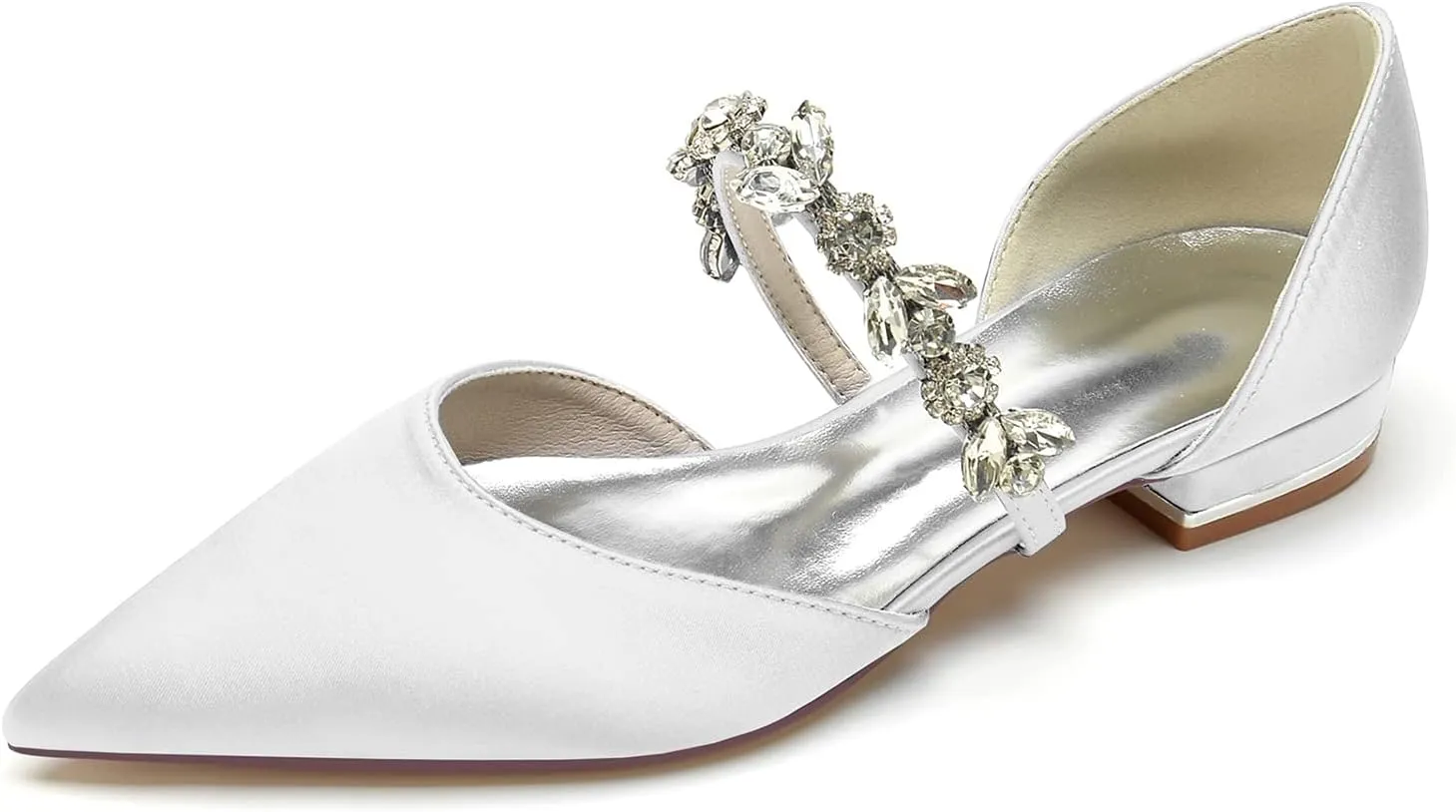 Women's Satin Wedding Flats Pointed Toe Pumps for Bride Rhinestones Bridal Shoes for Women Comfortable Evening Prom Party Dress Pumps