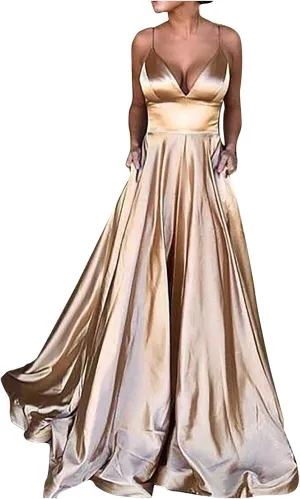 Women's Sexy Satin Deep V Neck Backless Maxi Dresses Spaghetti Straps High Split Club Party Evening Formal Dress