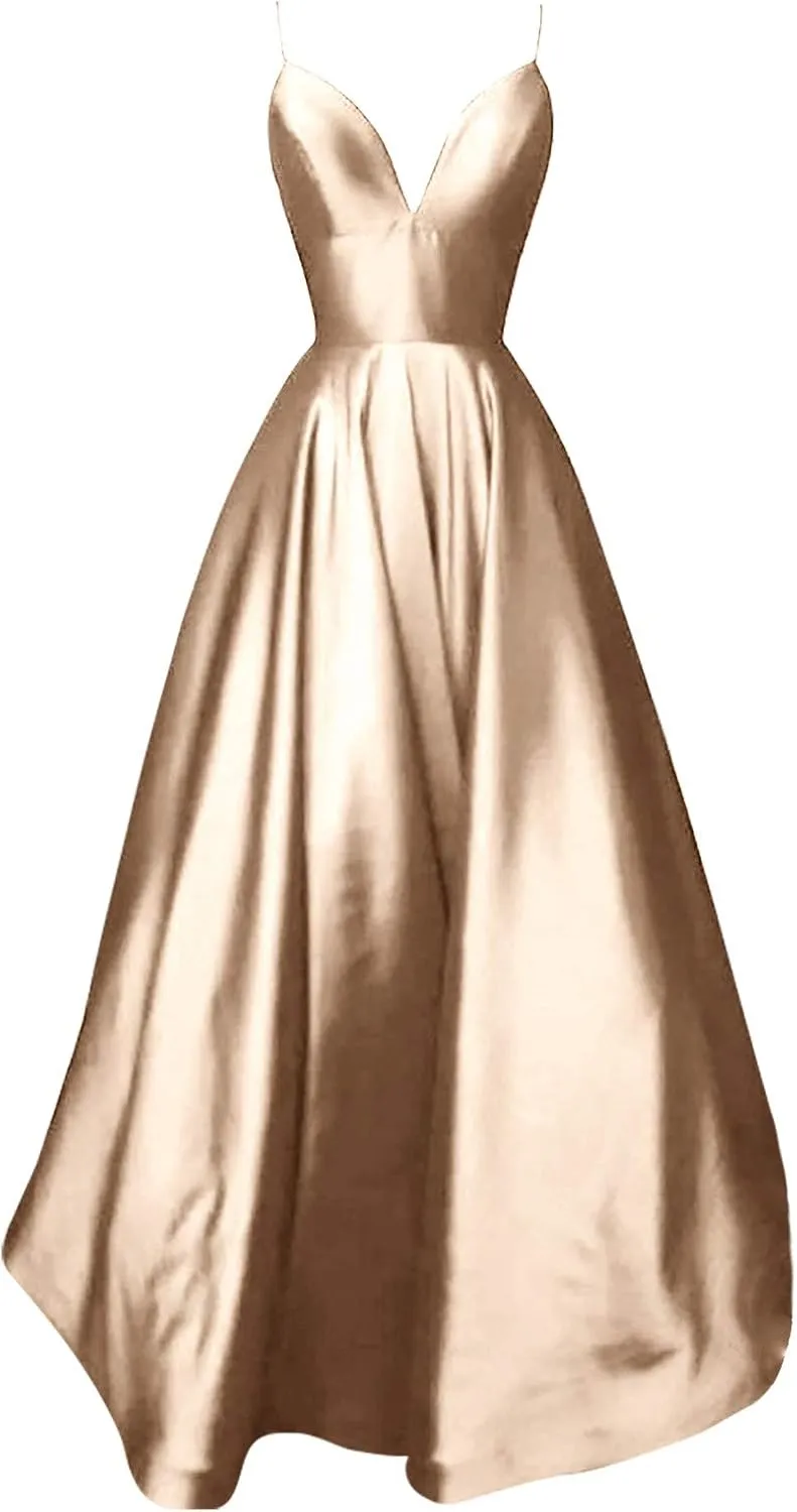 Women's Sexy Satin Deep V Neck Backless Maxi Dresses Spaghetti Straps High Split Club Party Evening Formal Dress