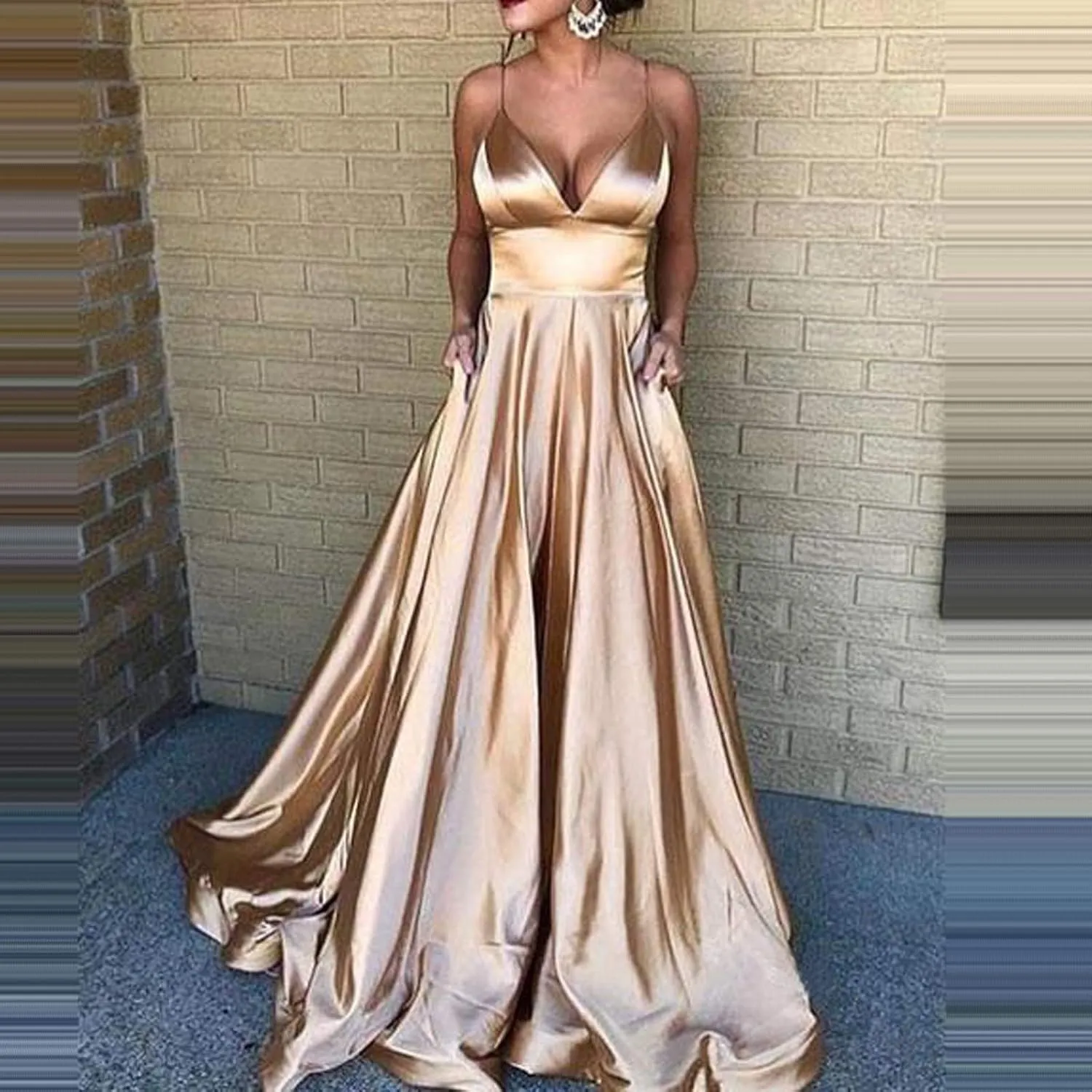 Women's Sexy Satin Deep V Neck Backless Maxi Dresses Spaghetti Straps High Split Club Party Evening Formal Dress