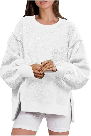Women's Sherpa Sweatshirts Fuzzy Fleece Pullover Tops Winter Warm Comfy Sweaters Fashion Side Slit Sweatshirt