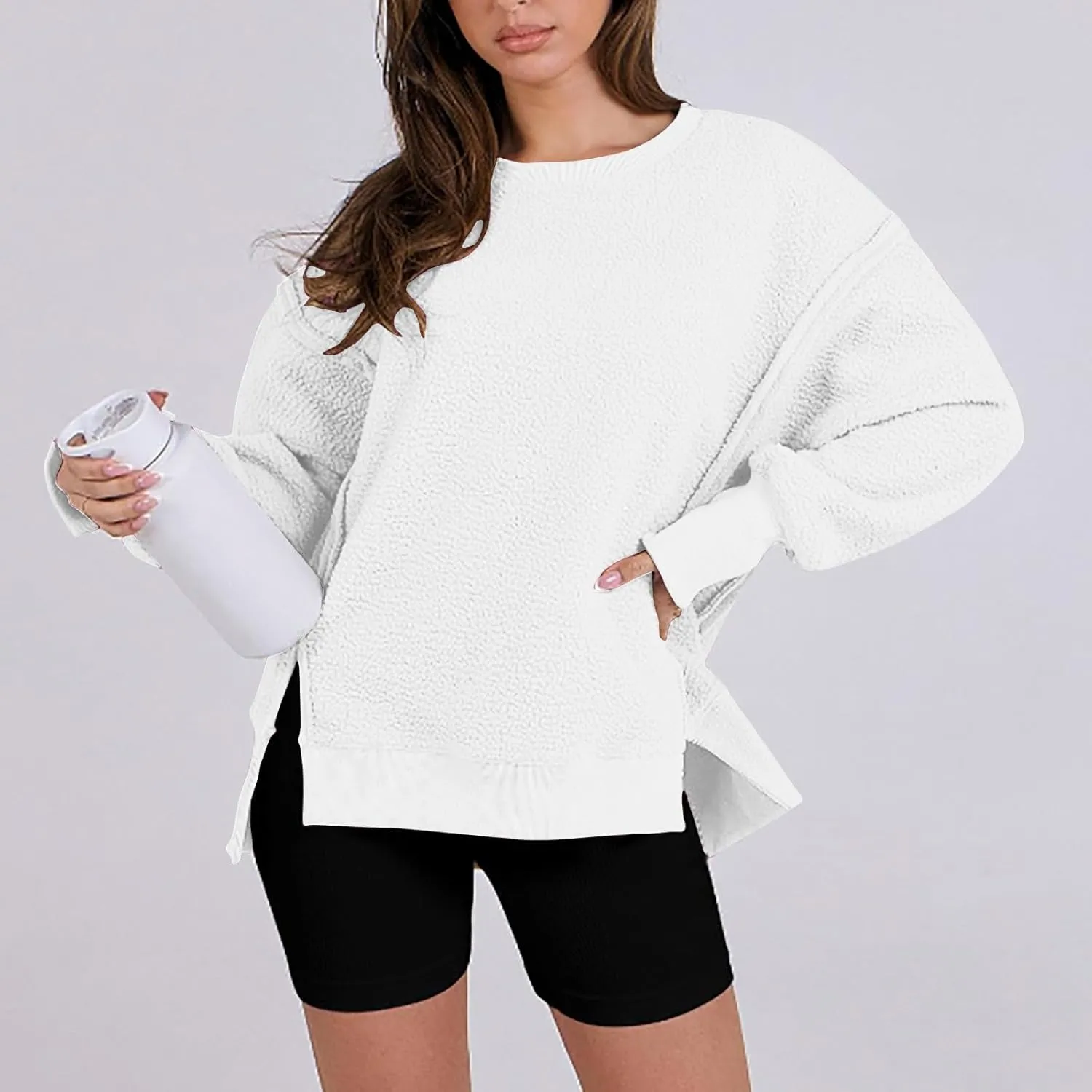 Women's Sherpa Sweatshirts Fuzzy Fleece Pullover Tops Winter Warm Comfy Sweaters Fashion Side Slit Sweatshirt
