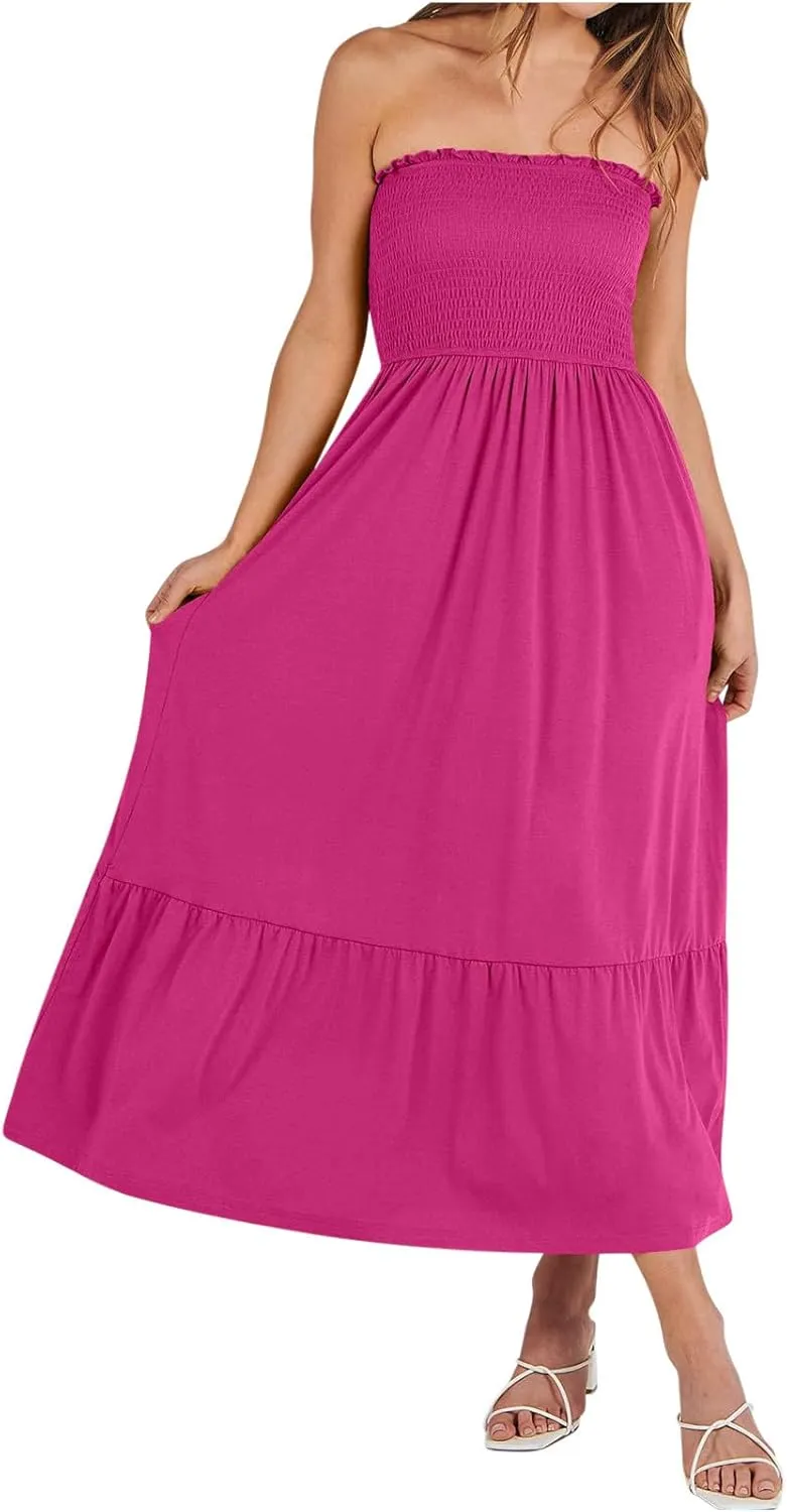 Women's Smocked Elastic Waist Boho Maxi Dress Sexy Ruffle Sleeve A-Line Split Swing Sundresses Vacation Long Dress