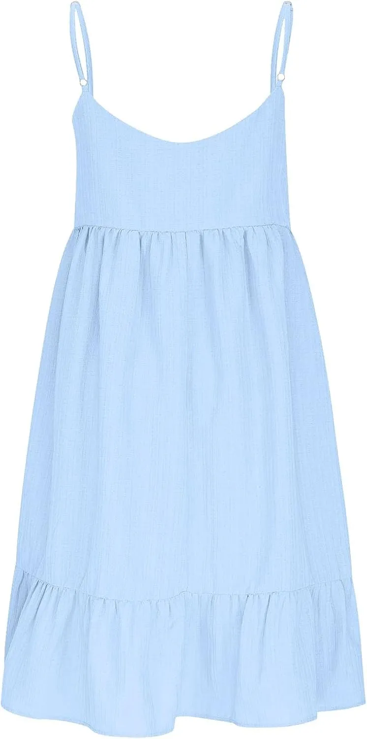 Women's Spaghetti Strap Dress Solid V Neck Ruffled Sleeveless Dress Women Summer Beach Fashion 2025