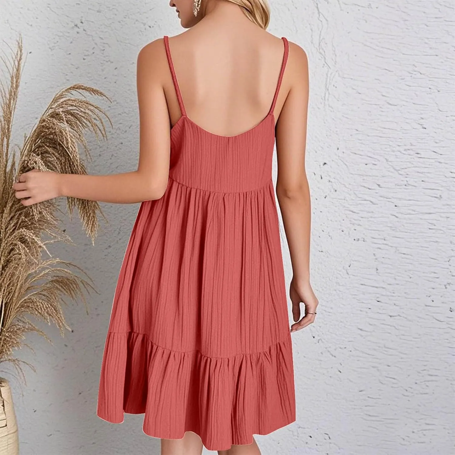 Women's Spaghetti Strap Dress Solid V Neck Ruffled Sleeveless Dress Women Summer Beach Fashion 2025