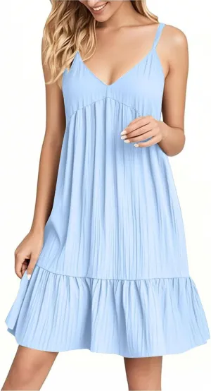 Women's Spaghetti Strap Dress Solid V Neck Ruffled Sleeveless Dress Women Summer Beach Fashion 2025