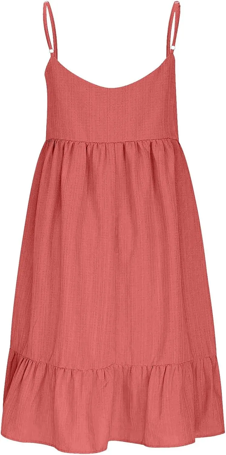 Women's Spaghetti Strap Dress Solid V Neck Ruffled Sleeveless Dress Women Summer Beach Fashion 2025