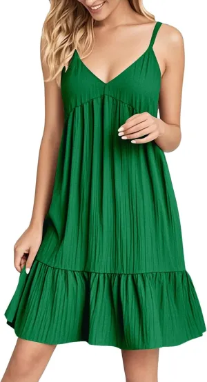 Women's Spaghetti Strap Dress Solid V Neck Ruffled Sleeveless Dress Women Summer Beach Fashion 2025