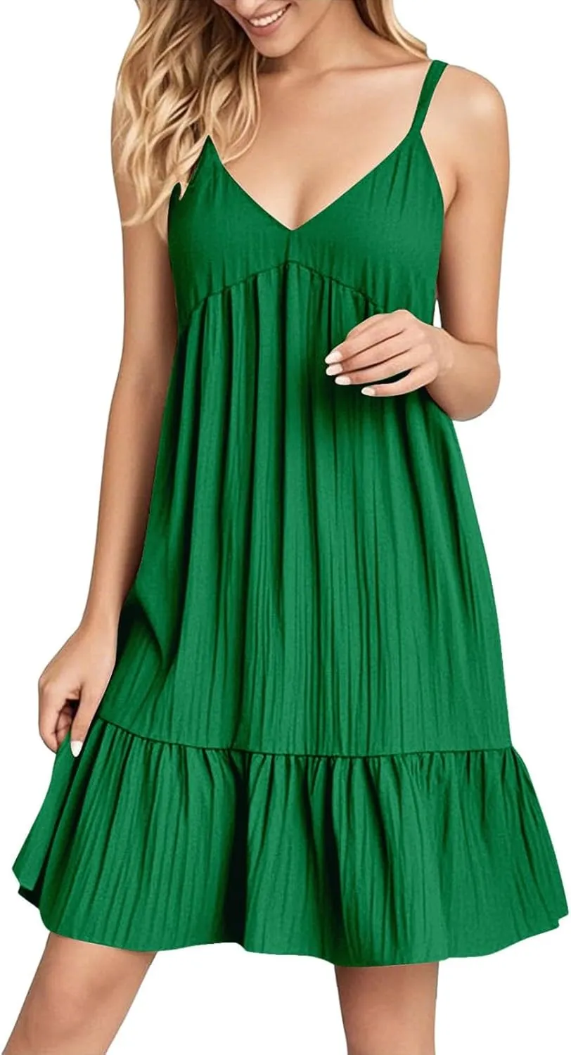 Women's Spaghetti Strap Dress Solid V Neck Ruffled Sleeveless Dress Women Summer Beach Fashion 2025