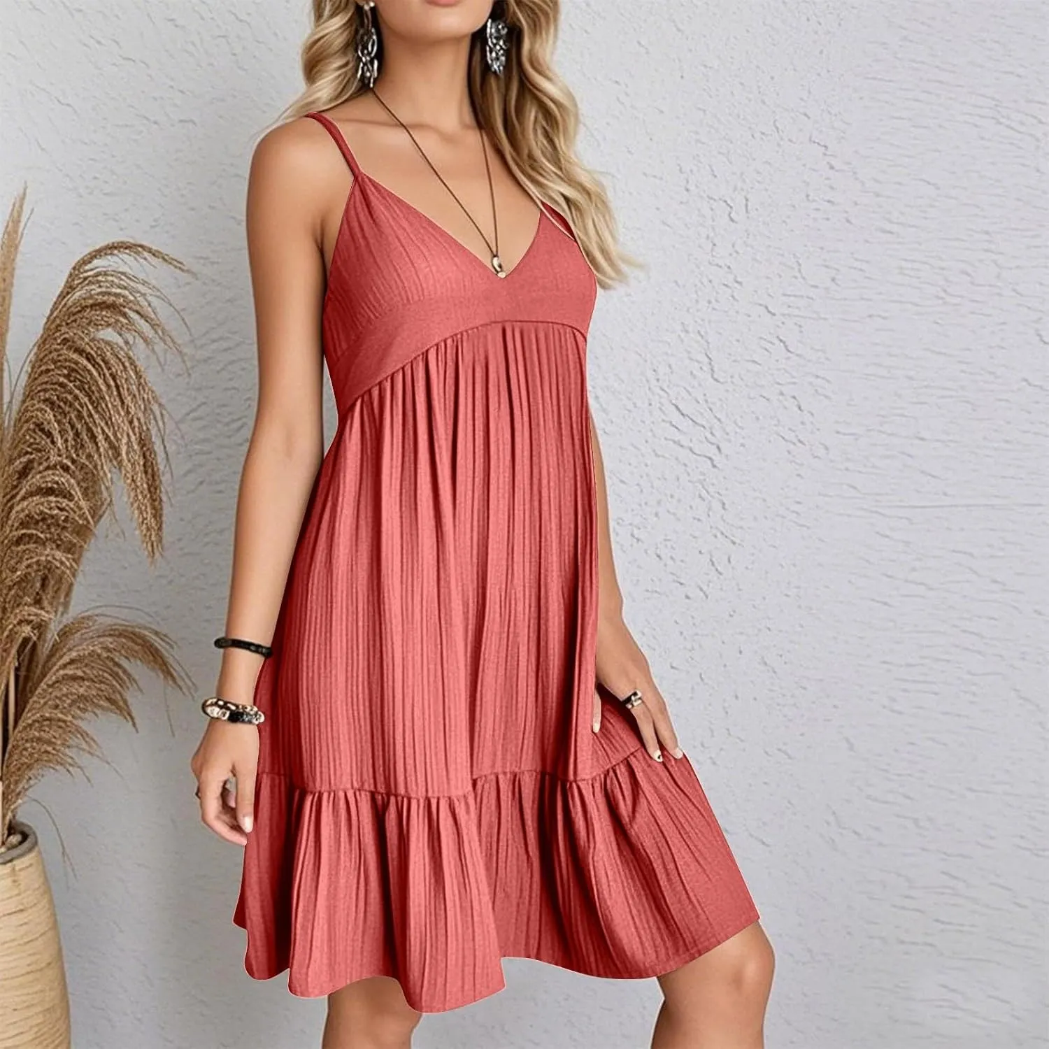 Women's Spaghetti Strap Dress Solid V Neck Ruffled Sleeveless Dress Women Summer Beach Fashion 2025