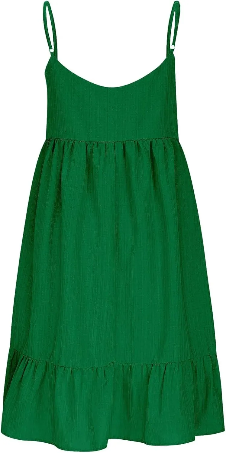 Women's Spaghetti Strap Dress Solid V Neck Ruffled Sleeveless Dress Women Summer Beach Fashion 2025