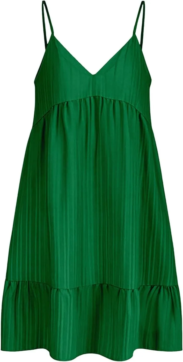 Women's Spaghetti Strap Dress Solid V Neck Ruffled Sleeveless Dress Women Summer Beach Fashion 2025