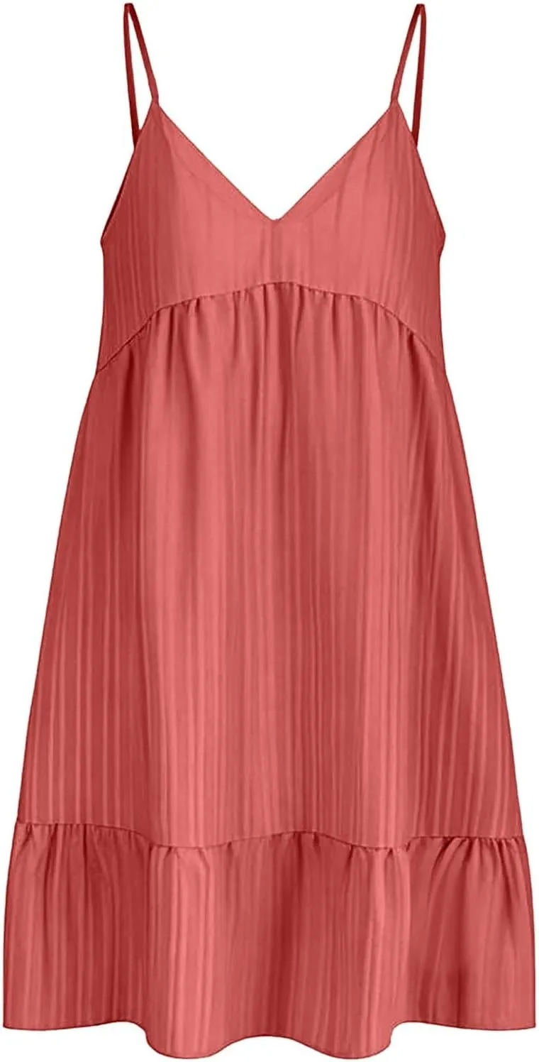 Women's Spaghetti Strap Dress Solid V Neck Ruffled Sleeveless Dress Women Summer Beach Fashion 2025