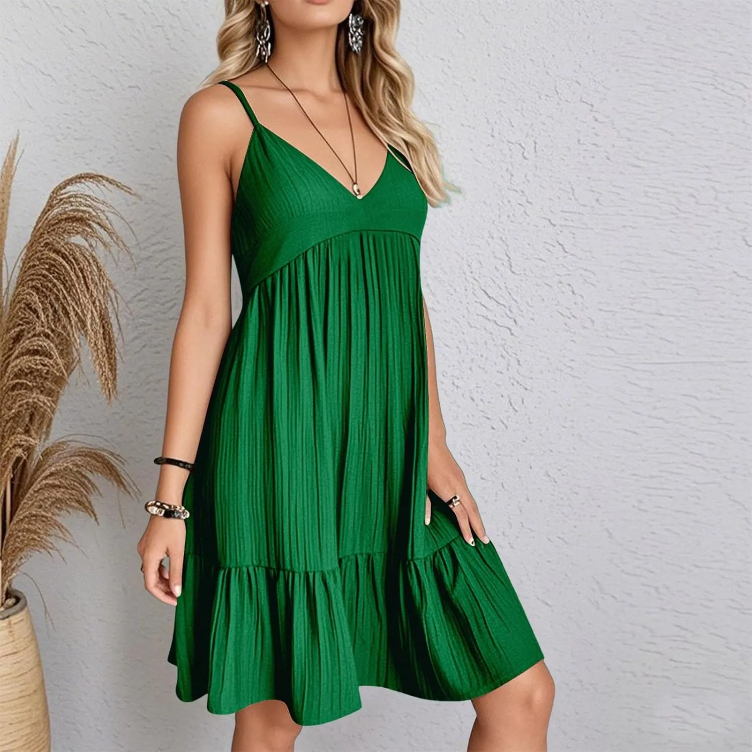 Women's Spaghetti Strap Dress Solid V Neck Ruffled Sleeveless Dress Women Summer Beach Fashion 2025