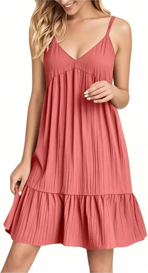 Women's Spaghetti Strap Dress Solid V Neck Ruffled Sleeveless Dress Women Summer Beach Fashion 2025