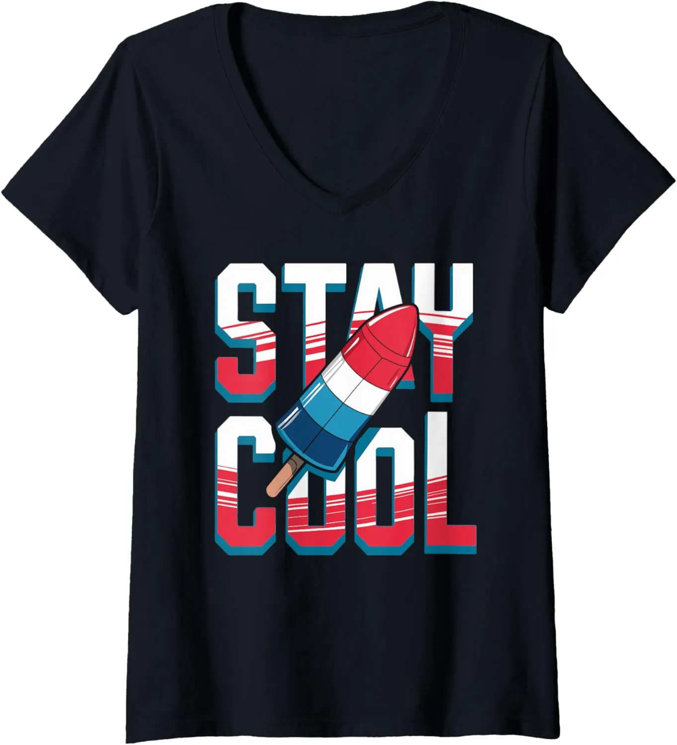 Womens Stay Cool Rocket Popsicle Design V-Neck T-Shirt