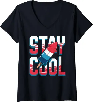 Womens Stay Cool Rocket Popsicle Design V-Neck T-Shirt