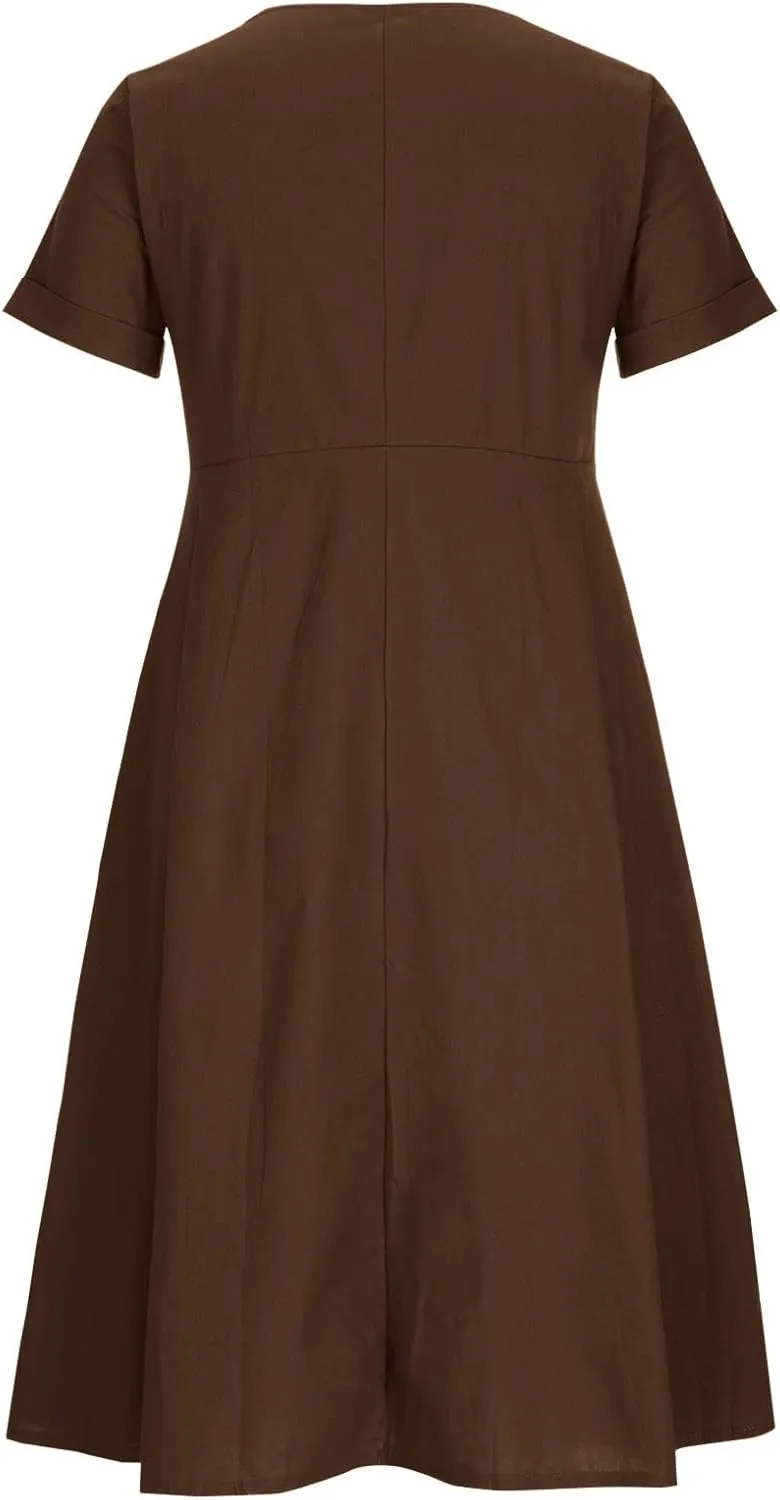 Women's Summer Casual V-Neck Button Down Shirt Dress Solid Short Sleeve Cotton Linen Dress Plus Size Maxi Dress