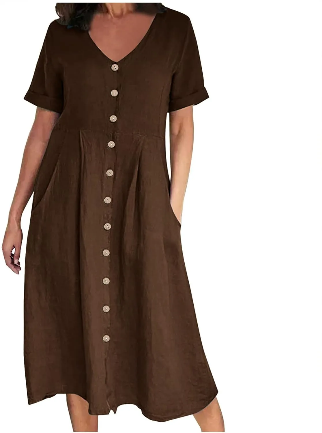 Women's Summer Casual V-Neck Button Down Shirt Dress Solid Short Sleeve Cotton Linen Dress Plus Size Maxi Dress