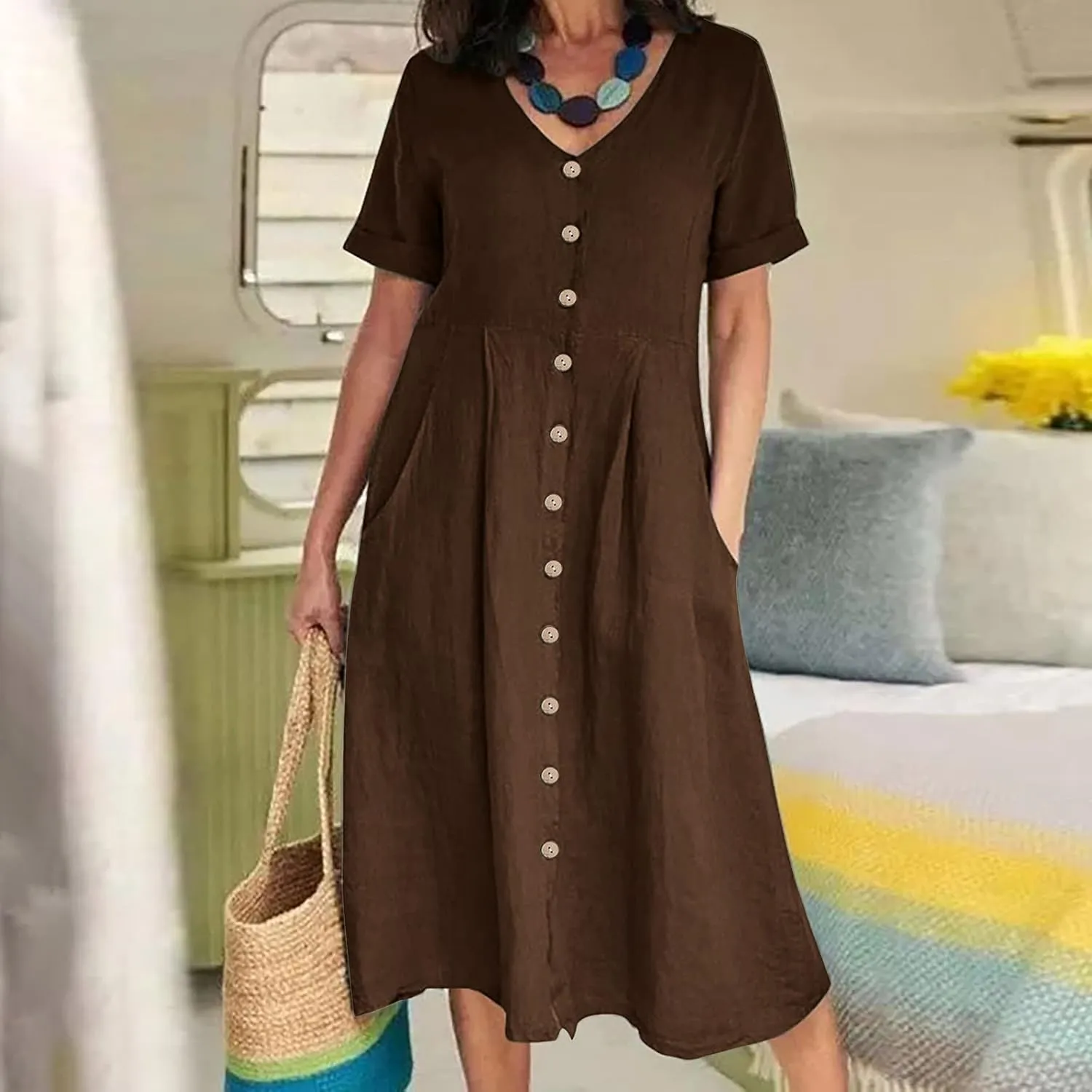 Women's Summer Casual V-Neck Button Down Shirt Dress Solid Short Sleeve Cotton Linen Dress Plus Size Maxi Dress