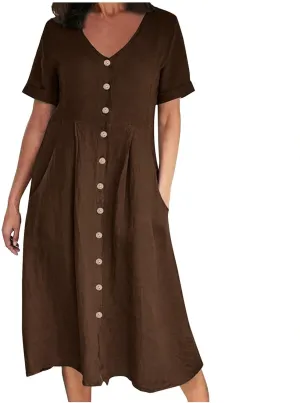 Women's Summer Casual V-Neck Button Down Shirt Dress Solid Short Sleeve Cotton Linen Dress Plus Size Maxi Dress