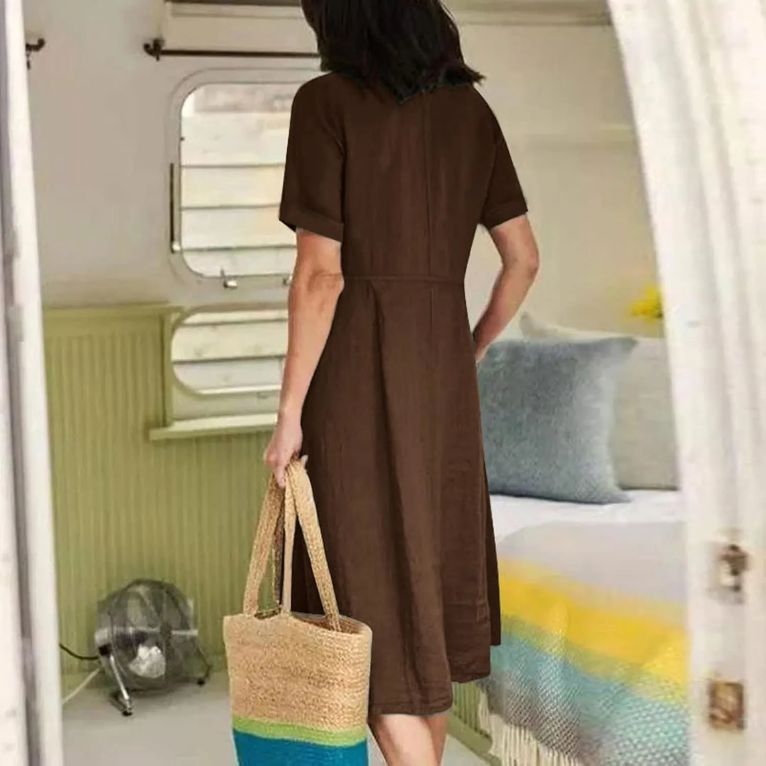 Women's Summer Casual V-Neck Button Down Shirt Dress Solid Short Sleeve Cotton Linen Dress Plus Size Maxi Dress