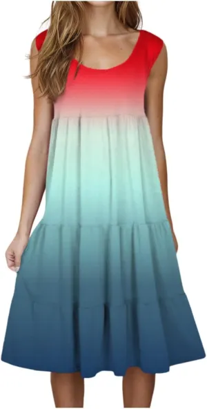 Women's Summer Elegant Dress Sleeveless Round Neck Fashion Skirts Pleated Comfy Gradient Color Dresses Walking