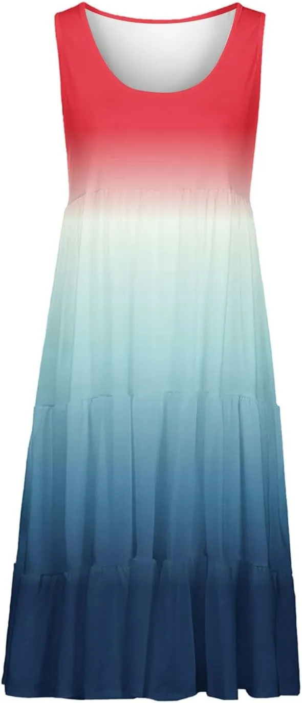 Women's Summer Elegant Dress Sleeveless Round Neck Fashion Skirts Pleated Comfy Gradient Color Dresses Walking