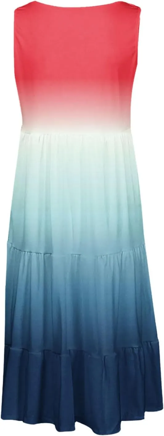 Women's Summer Elegant Dress Sleeveless Round Neck Fashion Skirts Pleated Comfy Gradient Color Dresses Walking