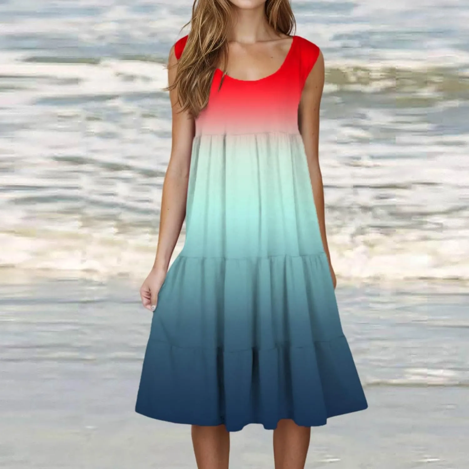 Women's Summer Elegant Dress Sleeveless Round Neck Fashion Skirts Pleated Comfy Gradient Color Dresses Walking