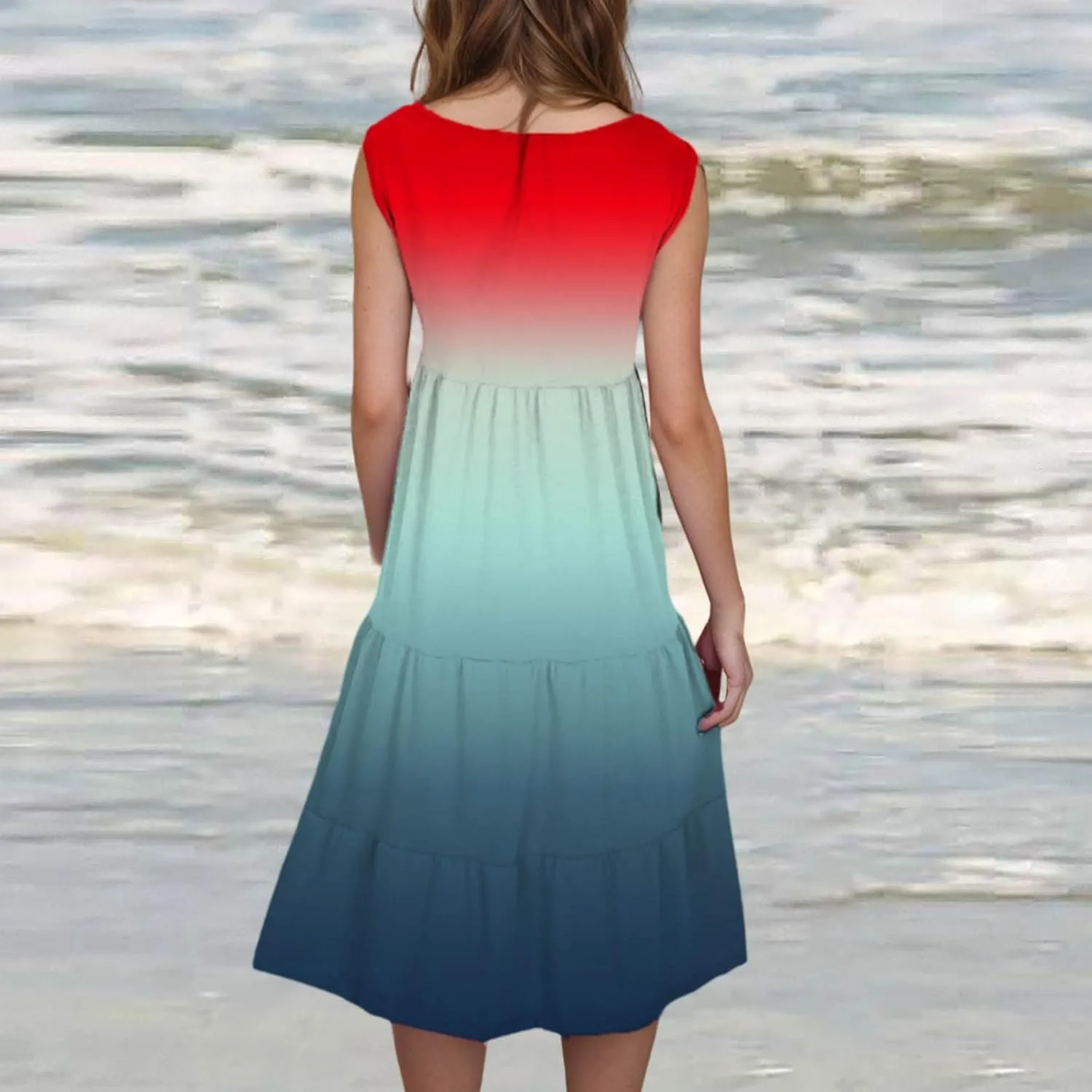Women's Summer Elegant Dress Sleeveless Round Neck Fashion Skirts Pleated Comfy Gradient Color Dresses Walking