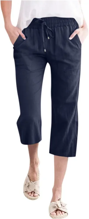 Womens Summer Flowy Cotton Linen Palazzo Wide Leg Pants Pajamas High Waisted Pant Long Trousers with Pocket