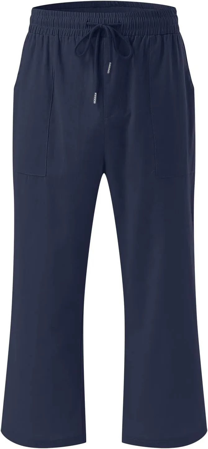 Womens Summer Flowy Cotton Linen Palazzo Wide Leg Pants Pajamas High Waisted Pant Long Trousers with Pocket