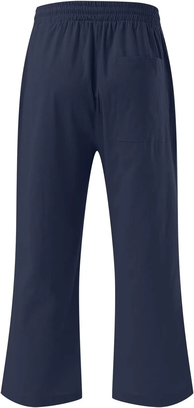 Womens Summer Flowy Cotton Linen Palazzo Wide Leg Pants Pajamas High Waisted Pant Long Trousers with Pocket