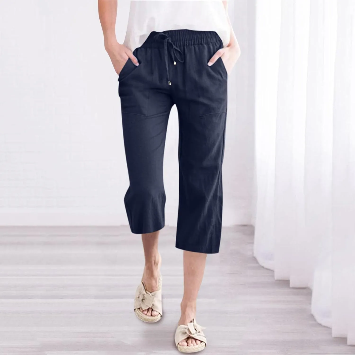 Womens Summer Flowy Cotton Linen Palazzo Wide Leg Pants Pajamas High Waisted Pant Long Trousers with Pocket