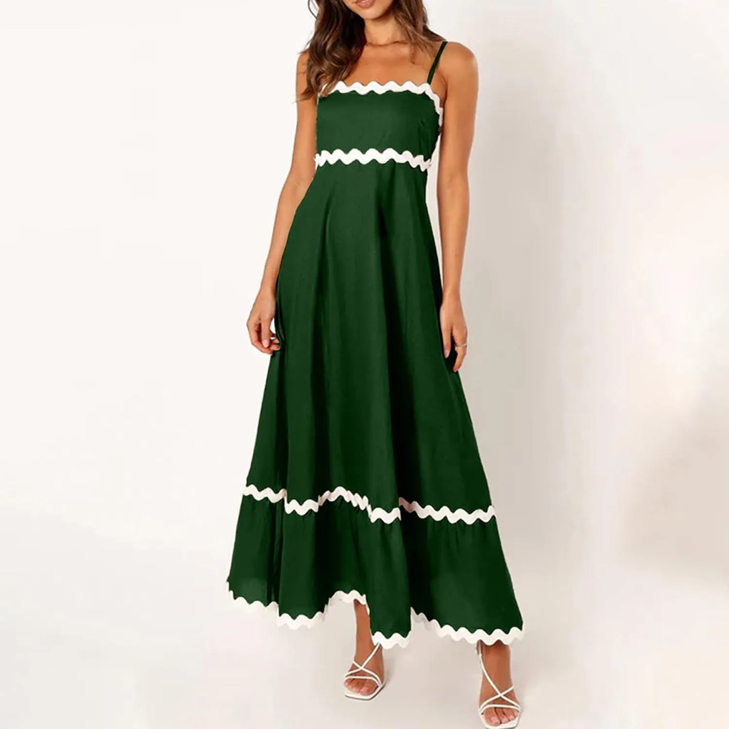 Womens Summer Spaghetti Strap Dress Sexy Rickrack Trim Boho Flowy Loose A-Line Midi Dress Casual Cinched Waist Dress
